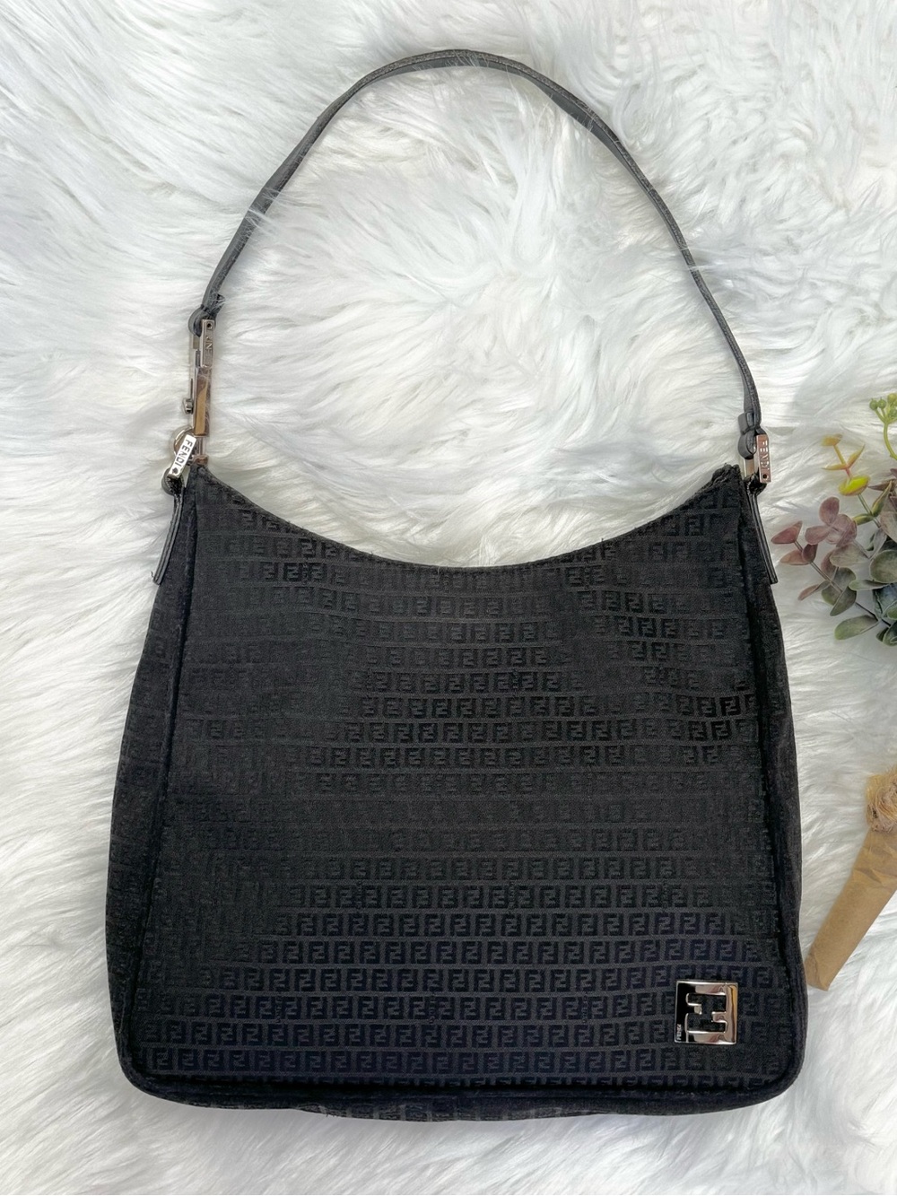 FENDI Black Zucchino FF Logo Canvas Shoulder Bag 10x10”